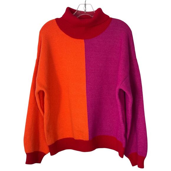 Colorblock Pink Orange Turtleneck Sweater Disco Neon Dopamine Glam Rock Women L - Picture 7 of 10